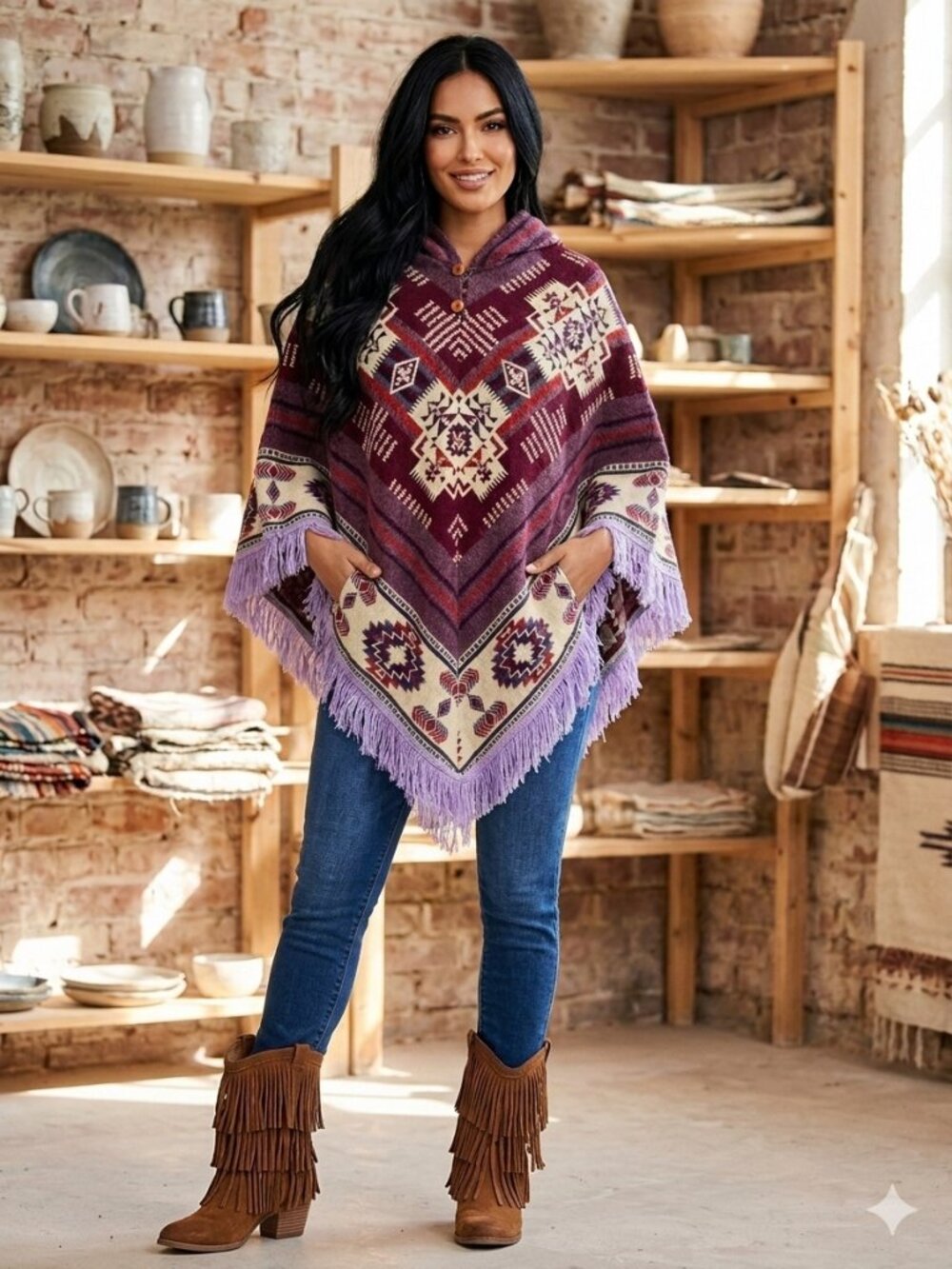 Vintage Boho Aztec Hooded Fringe Poncho Knit Purple Geometric Tribal OS